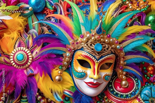 Celebrating the Carnival Spirit: Colorful Parade Floats, Vibrant Masks, and Beads in a Mardi Gras Background, generative AI