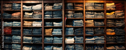 Vintage jeans and denim collection. A shelf full of  sought after vintage denims. Hand edited generative AI.