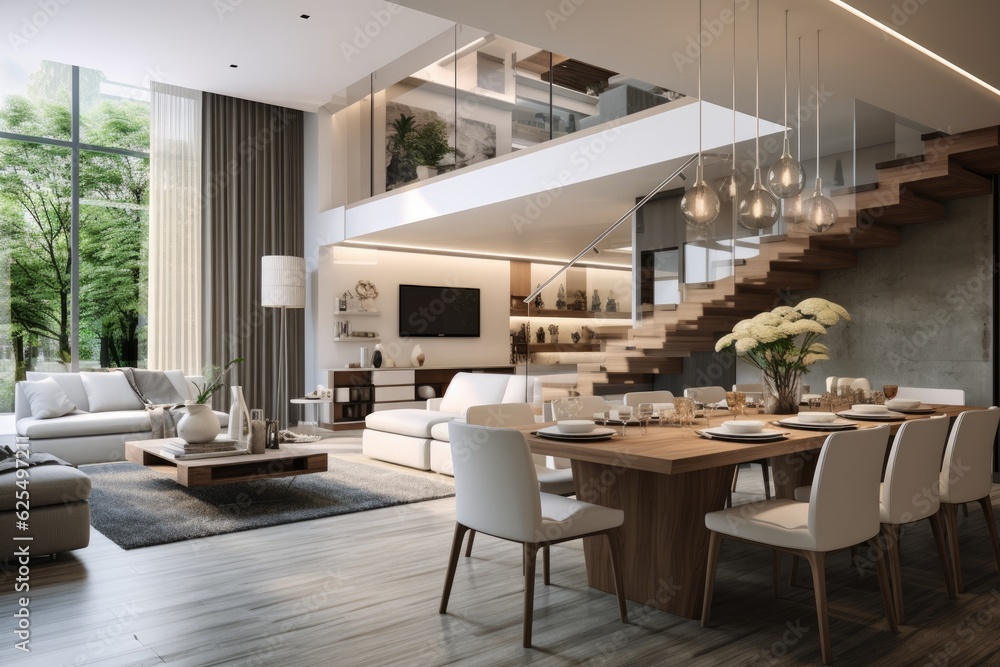 Fototapeta premium Contemporary, bi level apartment featuring a trendy living area with a dining table, seamlessly connecting to the kitchen and staircase leading to the upper level.
