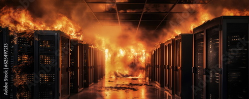 Burning process. data center on fire. Hand edited generative AI.    