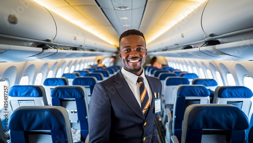 Smiling African male flight attendant portrait standing in plane. Dark skinned steward at work. handsome man passengers aircraft photo