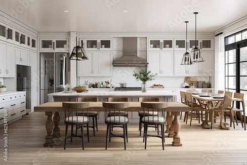The kitchen dining area in this elegant modern farmhouse interior is decorated with a combination of white marble, charcoal grey chairs, bar stools, and decorative elements.