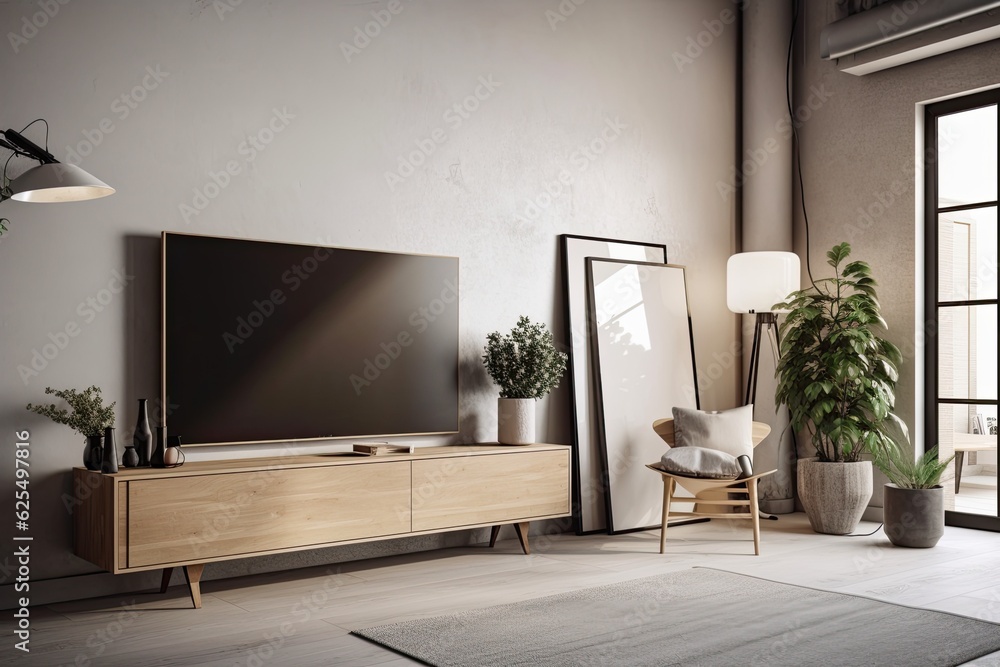 Fototapeta premium A modern empty room with a TV cabinet, a poster frame stand, a blank canvas on the floor, and minimal design. Generative AI