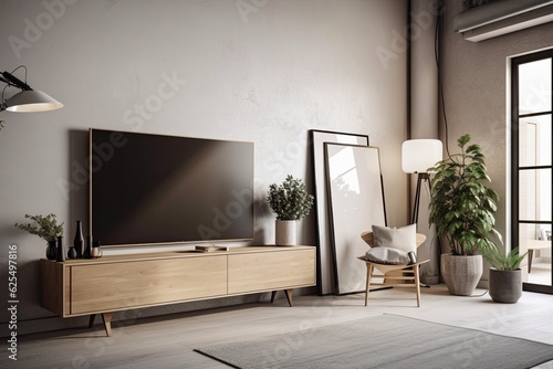 A modern empty room with a TV cabinet  a poster frame stand  a blank canvas on the floor  and minimal design. Generative AI