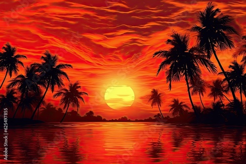 Fiery Sunset Over Vast Ocean: Intense and Dramatic Red Background with Silhouettes of Palm Trees in a Tropical Paradise, generative AI © Michael