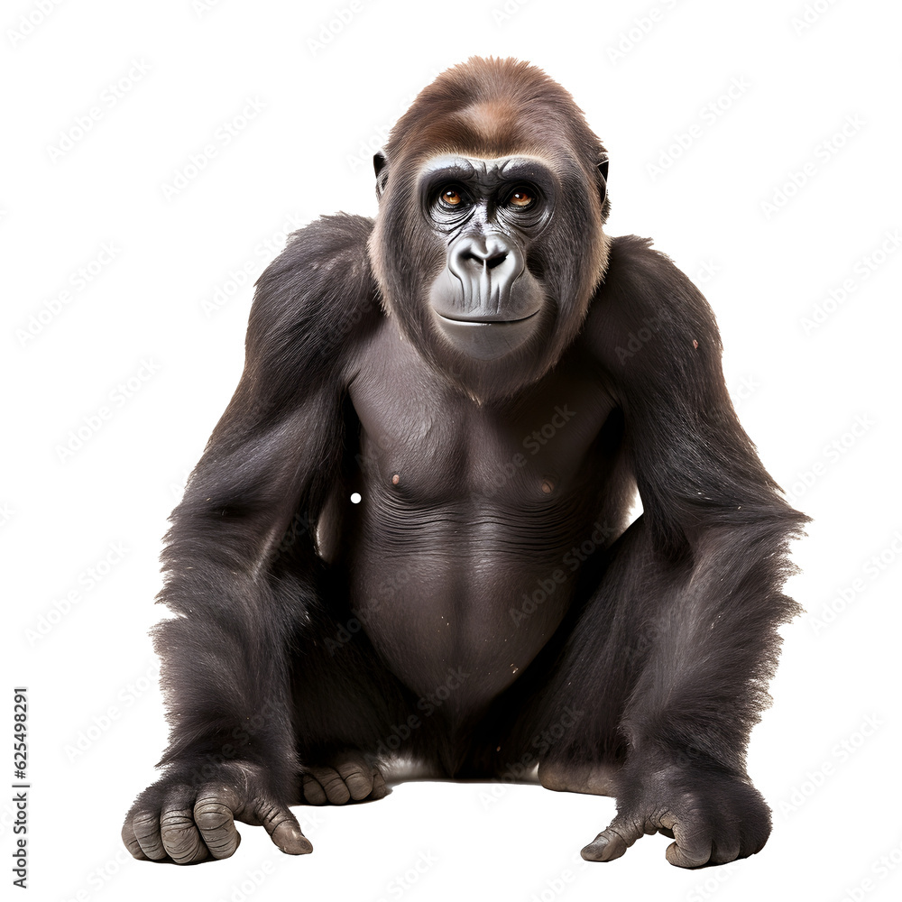 Gorilla looking forward full body shot on transparent background cutout - Generative AI