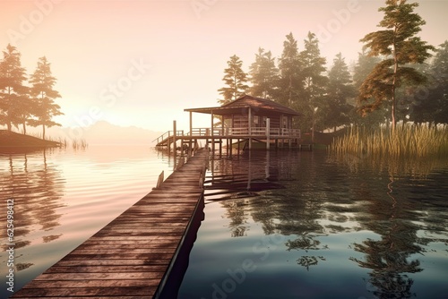 Tranquil Lakeside Retreat: Wooden Pier, Calm Waters, Serene Background for Relaxation, generative AI