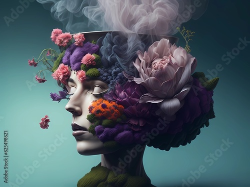 woman head filled with flower -mental health photo