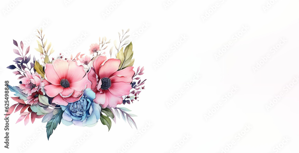 Colorful pinka, blue flower compositions in watercolor technique on white background. Design for banner, textile, poster, card, invitation, scrapbook. Copy space. Generative AI