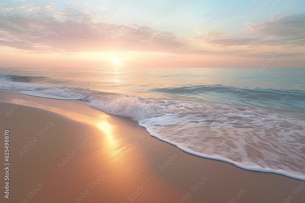 Coastal Serenity: Tranquil Beach at Dawn with Gentle Waves and Soft Sand, generative AI