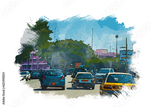 watercolor painting illustrating road traffic in yaounde, Cameroon