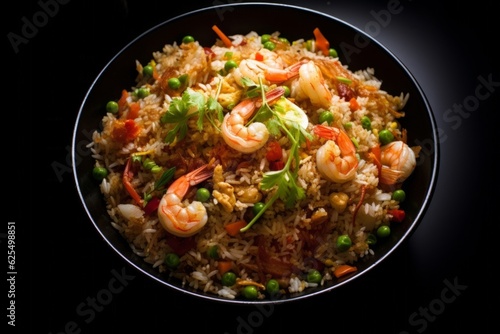 An outstanding detailed image of Fried Rice, with finely chopped vegetables and shrimps, lit by soft window light, captured with a Leica SL2-S camera, using a fisheye lens --v 5.2 --ar 125:83