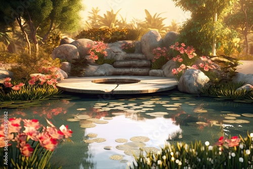Tranquil Water Feature and Zen-Like Harmony: Creating a Serene Background with a Peaceful Zen Garden, generative AI © Michael