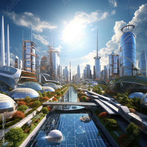 Futuristic cityscape with buildings adorned with sleek solar panels integrated into their designs  illustrating the seamless incorporation of solar power into urban environments