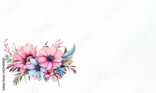 Colorful pink and blue flower compositions in watercolor technique on white background. Design for banner, textile, poster, card, invitation, scrapbook. Copy space. Generative AI