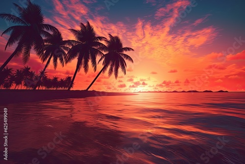 Tranquil Beach at Sunset: Gentle Waves, Silhouette of Palm Trees, Beach Bliss, generative AI © Michael