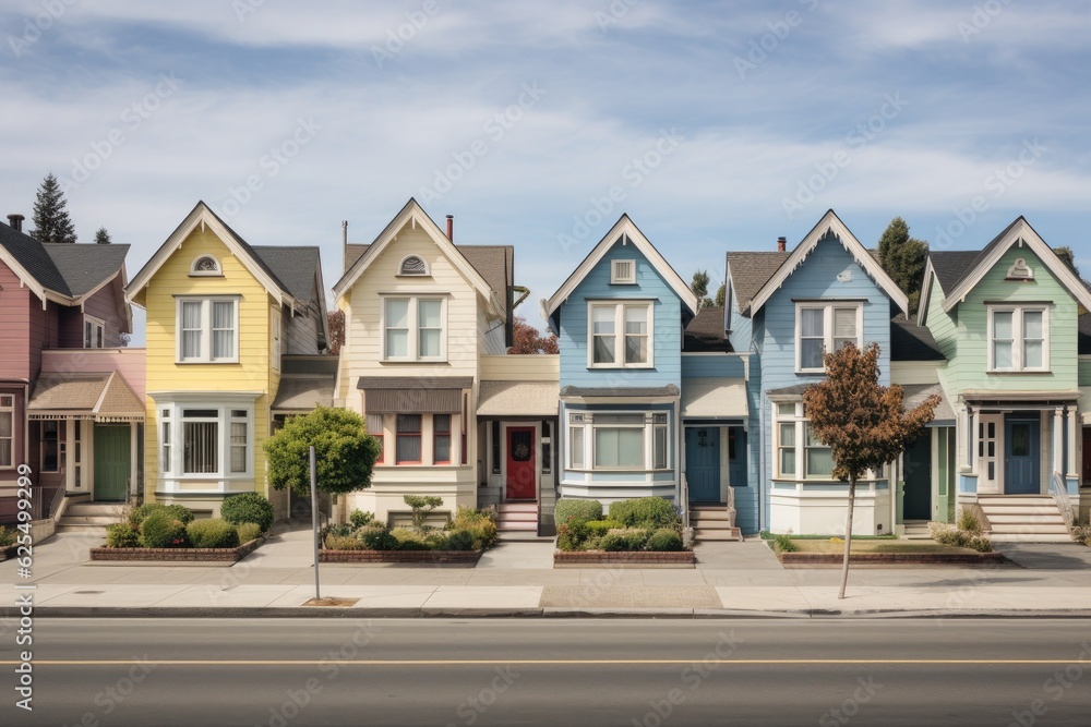 A row of houses, all on one level, situated in Northern California. A row of houses, all on one level, situated in Northern California.