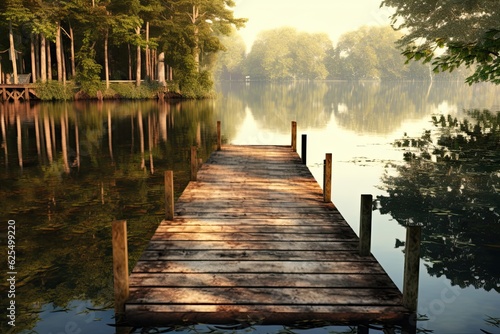 Tranquil Lakeside Retreat: Serene Background with Reflections, Wooden Dock, generative AI