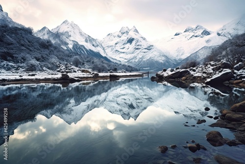 Tranquil Lake Reflecting Snow-Capped Mountains: A Serene Background of Serenity and Stillness, generative AI