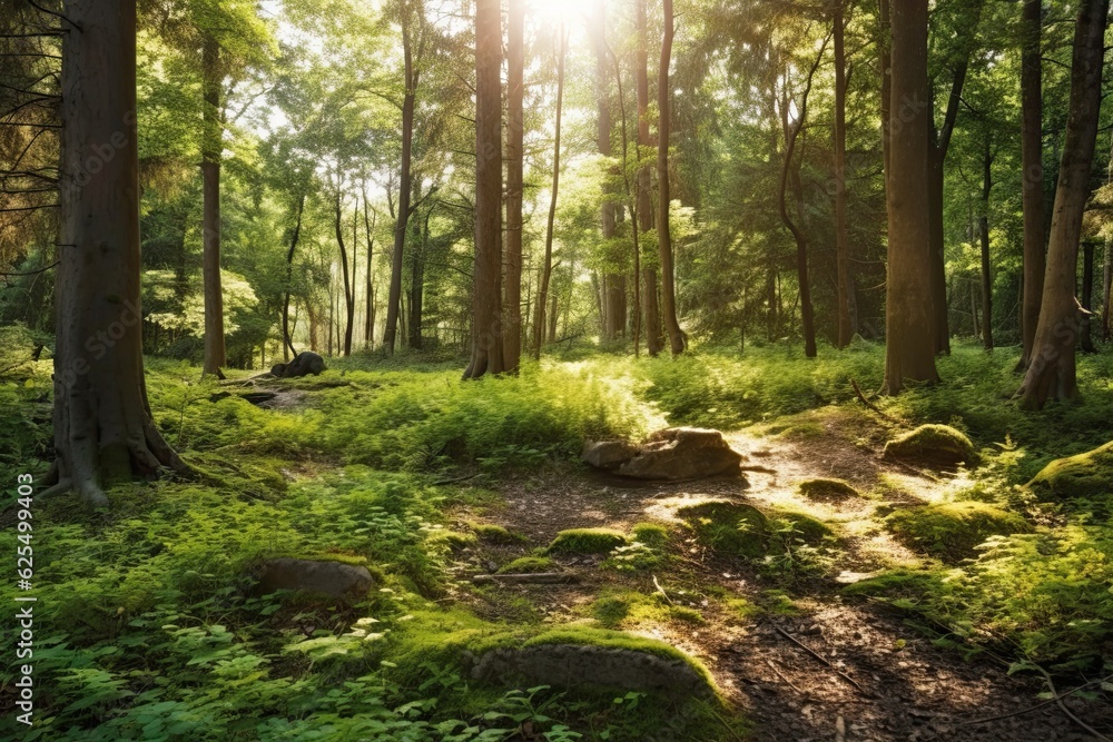 Fototapeta premium Tranquil Forest Clearing: Serene Background with Sunlight and Peaceful Retreat, generative AI