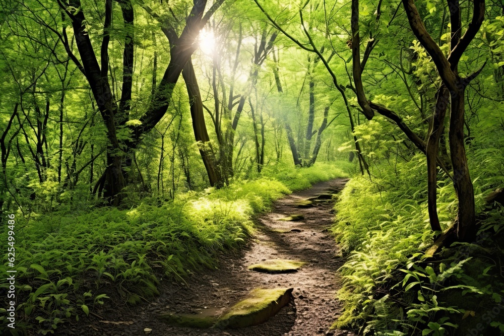 Naklejka premium Tranquil Forest Path: Sunlight-Filled Serene Background, Nature's Serenity, generative AI