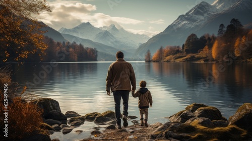 Person standing on the edge of a lake with son