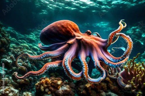 Octopus in the coral reef, animals of the underwater world