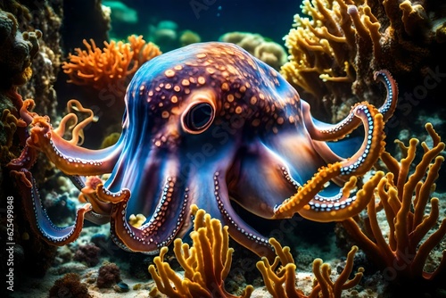 Octopus in the coral reef, animals of the underwater world
