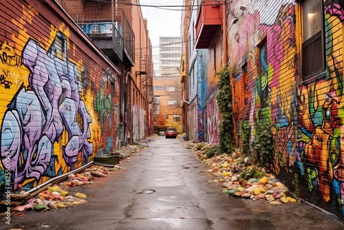 Colorful Street Art & Creative Urban Culture: Exploring a Graffiti-Adorned Alley in the City, generative AI © Michael