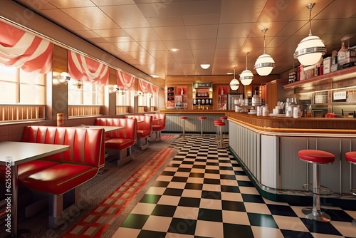 Nostalgic Dining Experience: Vintage Background of Retro Diner with Vinyl Booths and Checkered Floors, generative AI © Michael