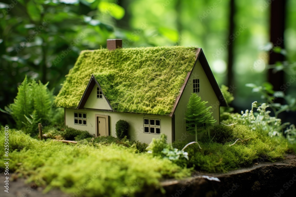 An environmentally friendly house made of paper, situated on a bed of moss in a garden. An environmentally friendly house made of paper, situated on a bed of moss in a garden.