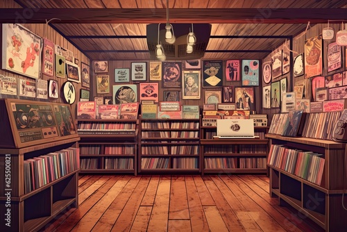 Musical Nostalgia: Retro Record Store with Vintage Posters and Vinyl Records - Vintage Background, generative AI