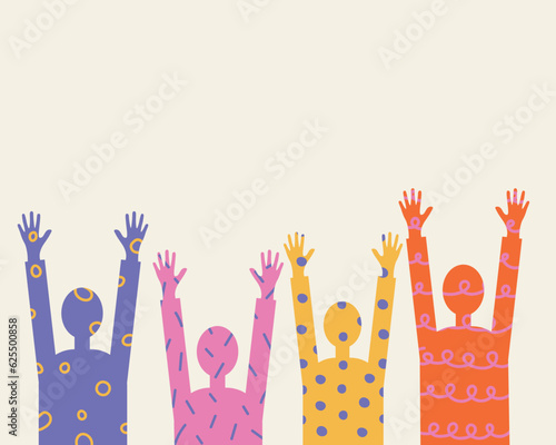 Cheerful hands vector illustration  isolated background.Group of people raised joyful hands, diversity of multiethnic people, racial equality,harmony, friendship, party. Design element for print, card