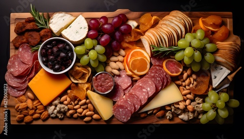 Food charcuterie board with meat, cheese and fruits, Generative AI