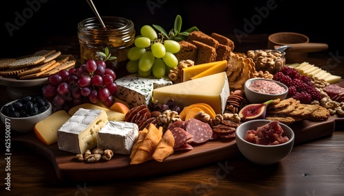 Food charcuterie board with meat, cheese and fruits, Generative AI