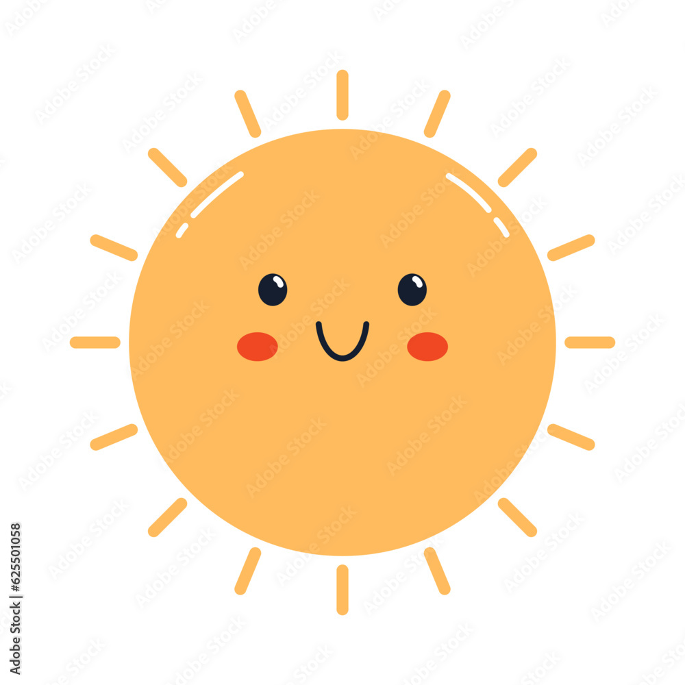 Vector cute smiling sun. Kawaii sunshine illustration. Funny sun in flat design.