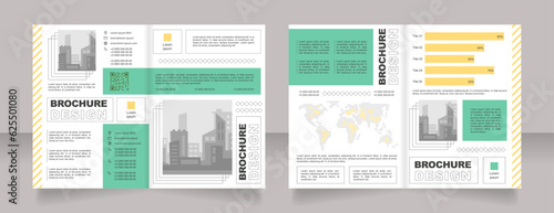 Sustainable development bifold brochure template design. Revenue statistics. Flyers with qr code. Half fold booklet mockup set with copy space for text. Editable 2 paper page leaflets. Arial font used
