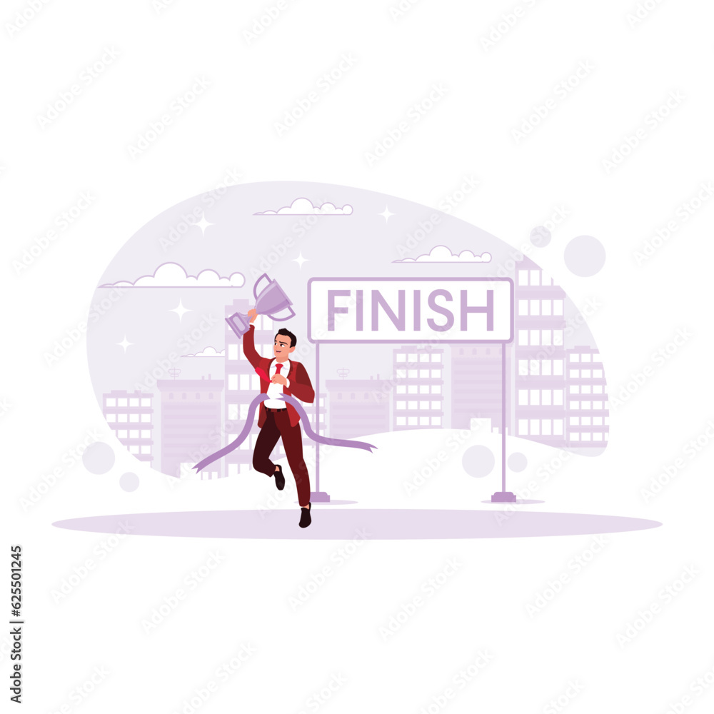 The businessman with a happy face made it across the finish line with a trophy. Career promotion concept. Trend Modern vector flat illustration.