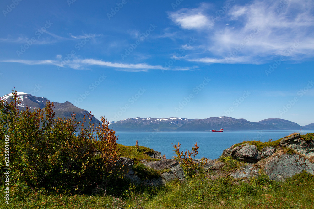 Stunning view of mountains and fords in Norway.Lattervik, red ship