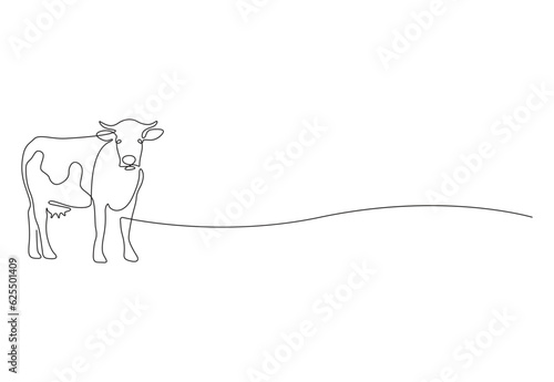 Cow in one continuous line drawing milk cattle animal on pasture symbol and beef meat farm concept in simple linear style vector illustration. Premium vector.