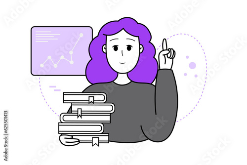 Smiling young woman holding books. Vector illustration concept of online learning courses, self-development, business.