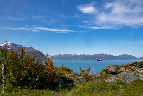 Stunning view of mountains and fords in Norway.Lattervik, red ship