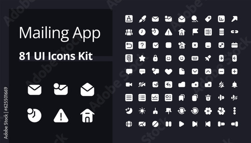 Mailing app white glyph ui icons kit for dark mode. Communication technology. Silhouette symbols on black background. Solid pictograms for web, mobile. Vector isolated illustrations. Poppins font used
