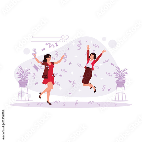 Two women are jumping and celebrating happiness by throwing confetti. Trend Modern vector flat illustration. 