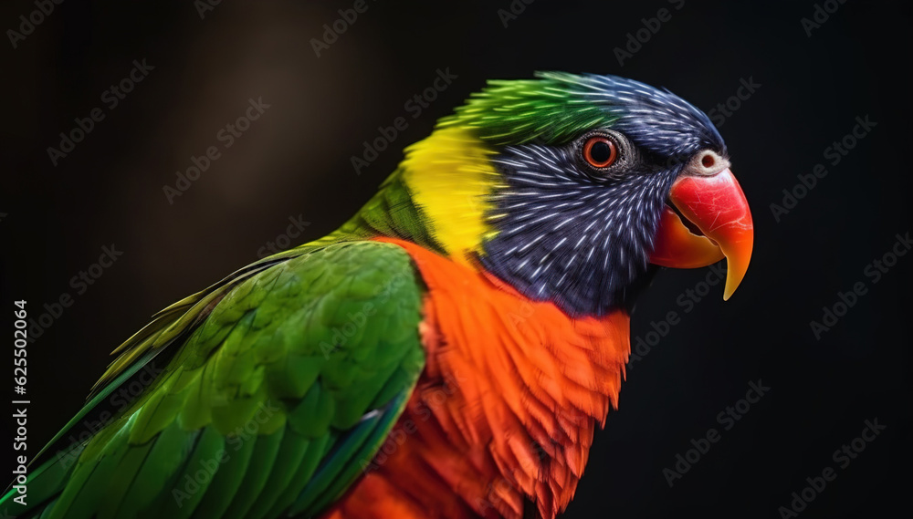 Side view Closeup of beautiful and colorful Lorikeet Green-naped bird (Trichoglossus Haematodus) Also Known As A Rainbow Lorikeet, looking around, generative ai