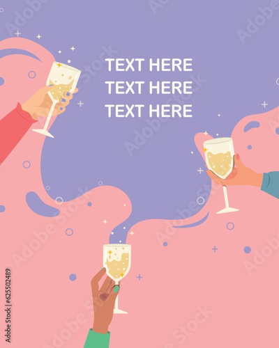 Banner cheers and celebration with sparkling glasses of champagne or wine, Cocktail party, Hands holding glasses of champagne.