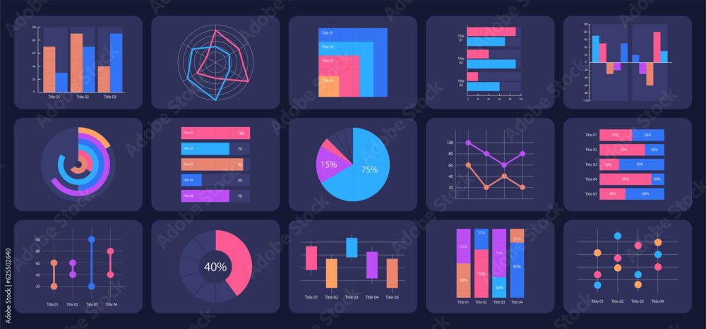 Financial analysis infographic chart design template set for dark theme. Visual data presentation. Editable bar graphs and circular diagrams collection. Myriad Pro-Regular, Variable Concept fonts used Financial analysis infographic chart design template set for dark theme. Visual data presentation. Editable bar graphs and circular diagrams collection. Myriad Pro-Regular, Variable Concept fonts used