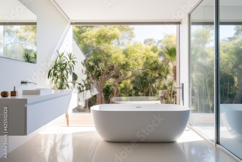 A neat and minimalist bathroom features a white color scheme with a standalone bathtub  vibrant windows  stylish taps  and a shower enclosed by a glass wall.