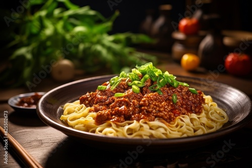 Beijing Zha Jiang Mian, exhibiting close up of succulent meat sauce, golden noodles, and lush green garnishing resting on a rustic wooden surface