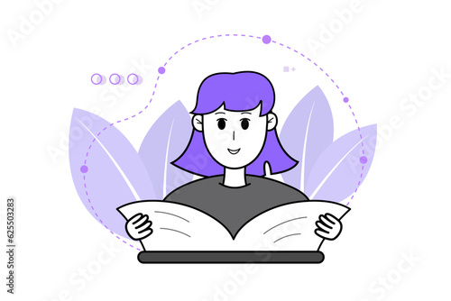 Smiling student reading a book with inspiration. Self-development concept, online learning, trainings, business courses. Modern flat design. Vector illustration.